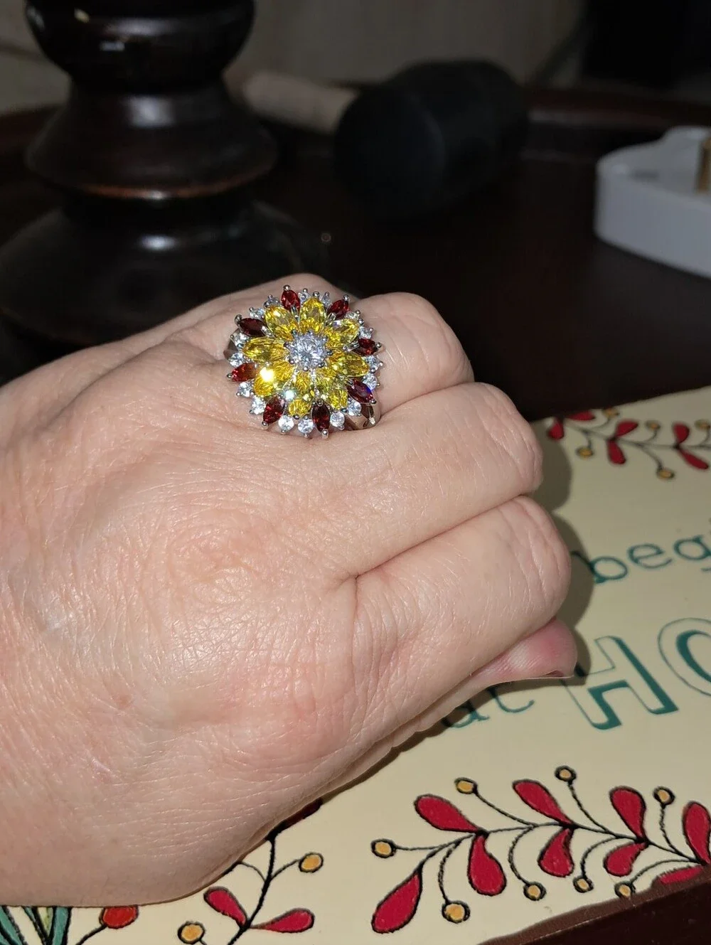 Yellow and Red  Australian Crystals Multi-Stone Floral Cocktail Ring